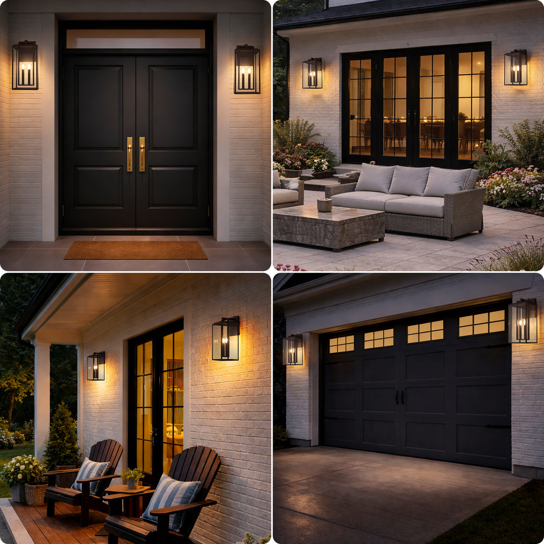 Harbor Black and Gold Base Outdoor Wall Light with Dusk to Dawn and Clear Tempered Glass #OW7102