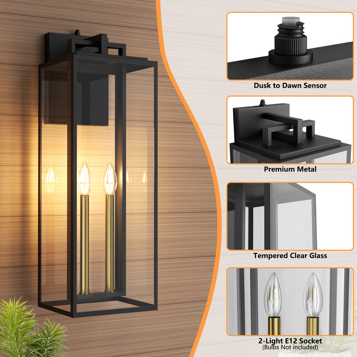 Harbor Black and Gold Base Outdoor Wall Light with Dusk to Dawn and Clear Tempered Glass #OW7102