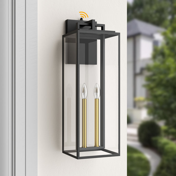Harbor Black and Gold Base Outdoor Wall Light with Dusk to Dawn and Clear Tempered Glass #OW7102