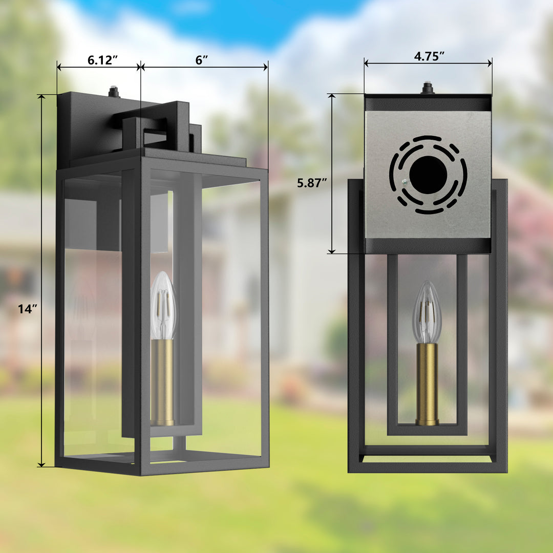 Harbor Black and Gold Base Outdoor Wall Light with Dusk to Dawn and Clear Tempered Glass #OW7102