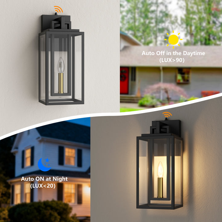 Harbor Black and Gold Base Outdoor Wall Light with Dusk to Dawn and Clear Tempered Glass #OW7102