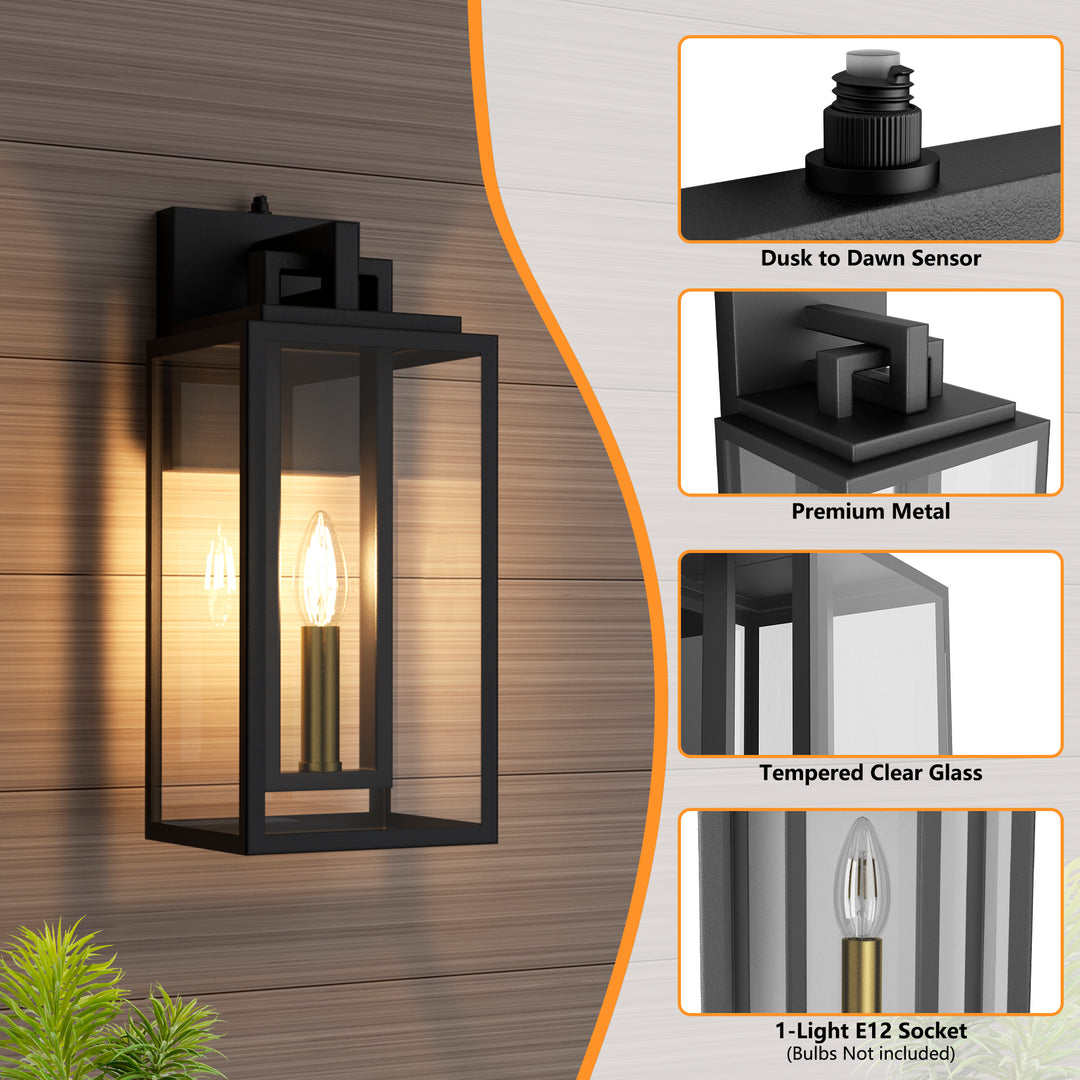 Harbor Black and Gold Base Outdoor Wall Light with Dusk to Dawn and Clear Tempered Glass #OW7102