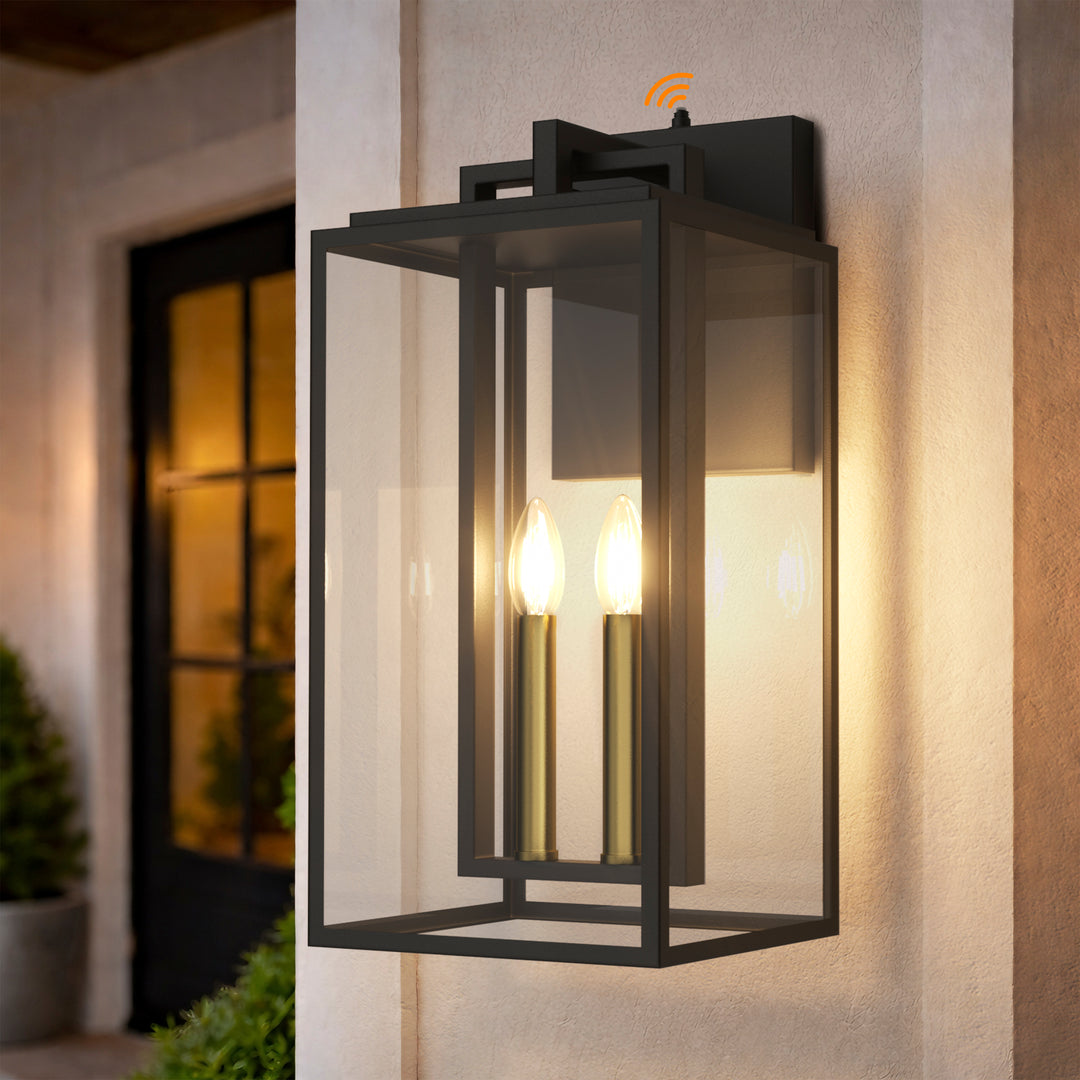 Harbor Black and Gold Base Outdoor Wall Light with Dusk to Dawn and Clear Tempered Glass #OW7102