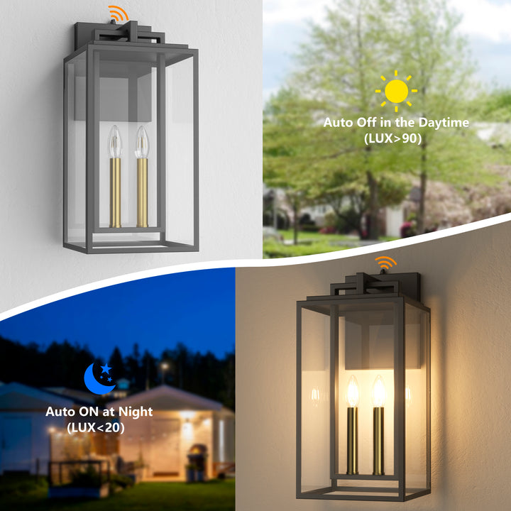 Harbor Black and Gold Base Outdoor Wall Light with Dusk to Dawn and Clear Tempered Glass #OW7102