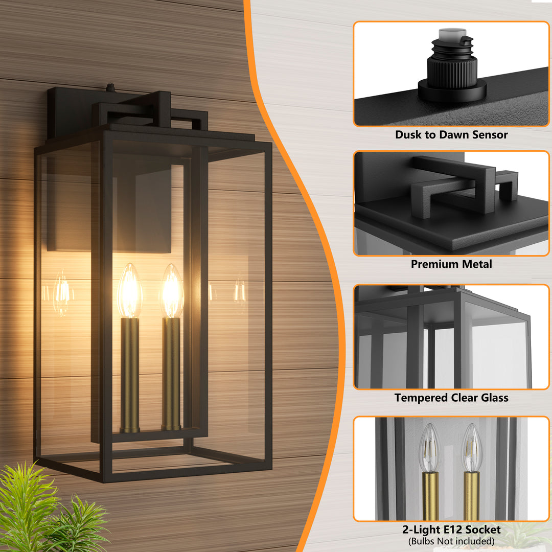 Harbor Black and Gold Base Outdoor Wall Light with Dusk to Dawn and Clear Tempered Glass #OW7102