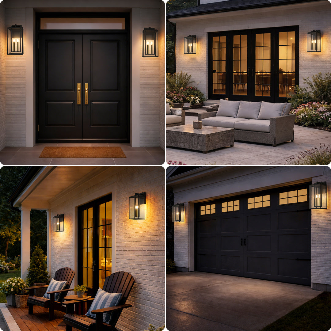 Harbor Black and Gold Base Outdoor Wall Light with Dusk to Dawn and Clear Tempered Glass #OW7102