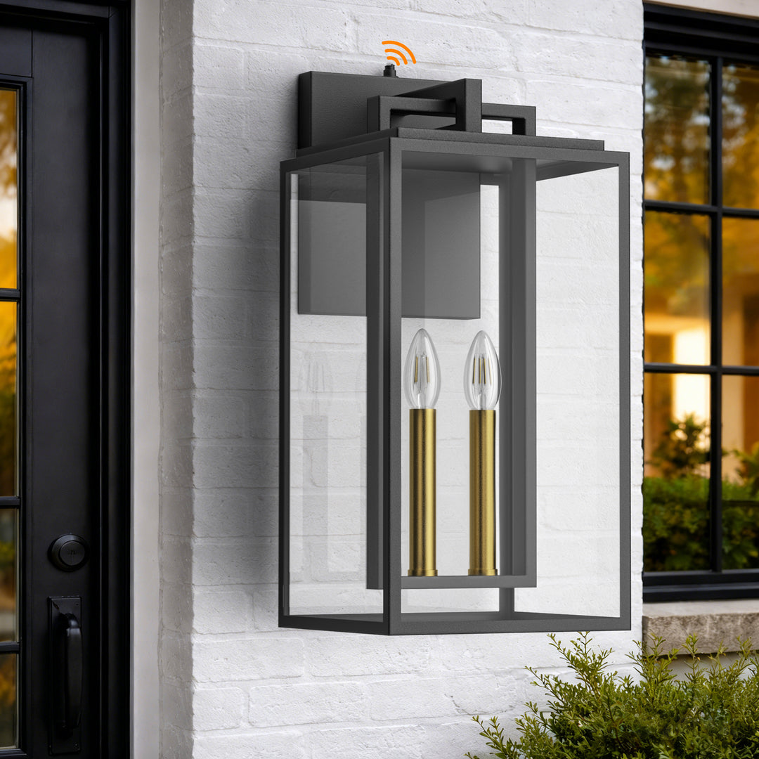 Harbor Black and Gold Base Outdoor Wall Light with Dusk to Dawn and Clear Tempered Glass #OW7102