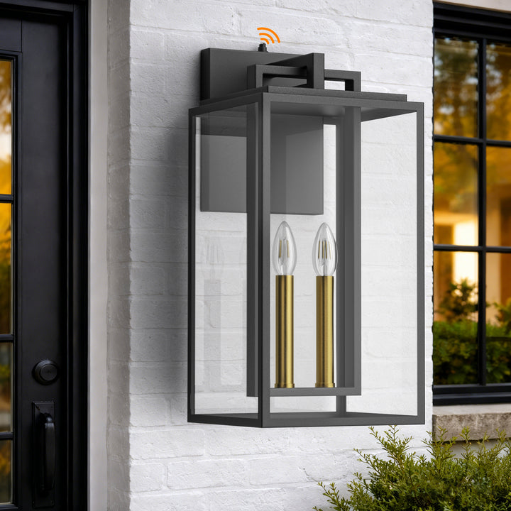 Harbor Black and Gold Base Outdoor Wall Light with Dusk to Dawn and Clear Tempered Glass #OW7102