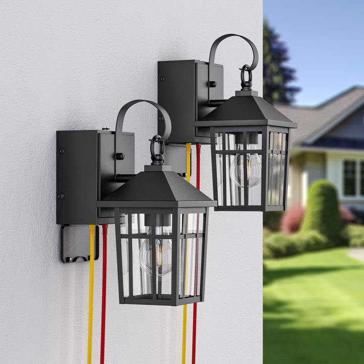 12.6''H Black Iron Clear Tempered Glass Outdoor Wall Light with Dusk to Dawn and Built-In GFCI Outlet (Set of 2) #OW7118