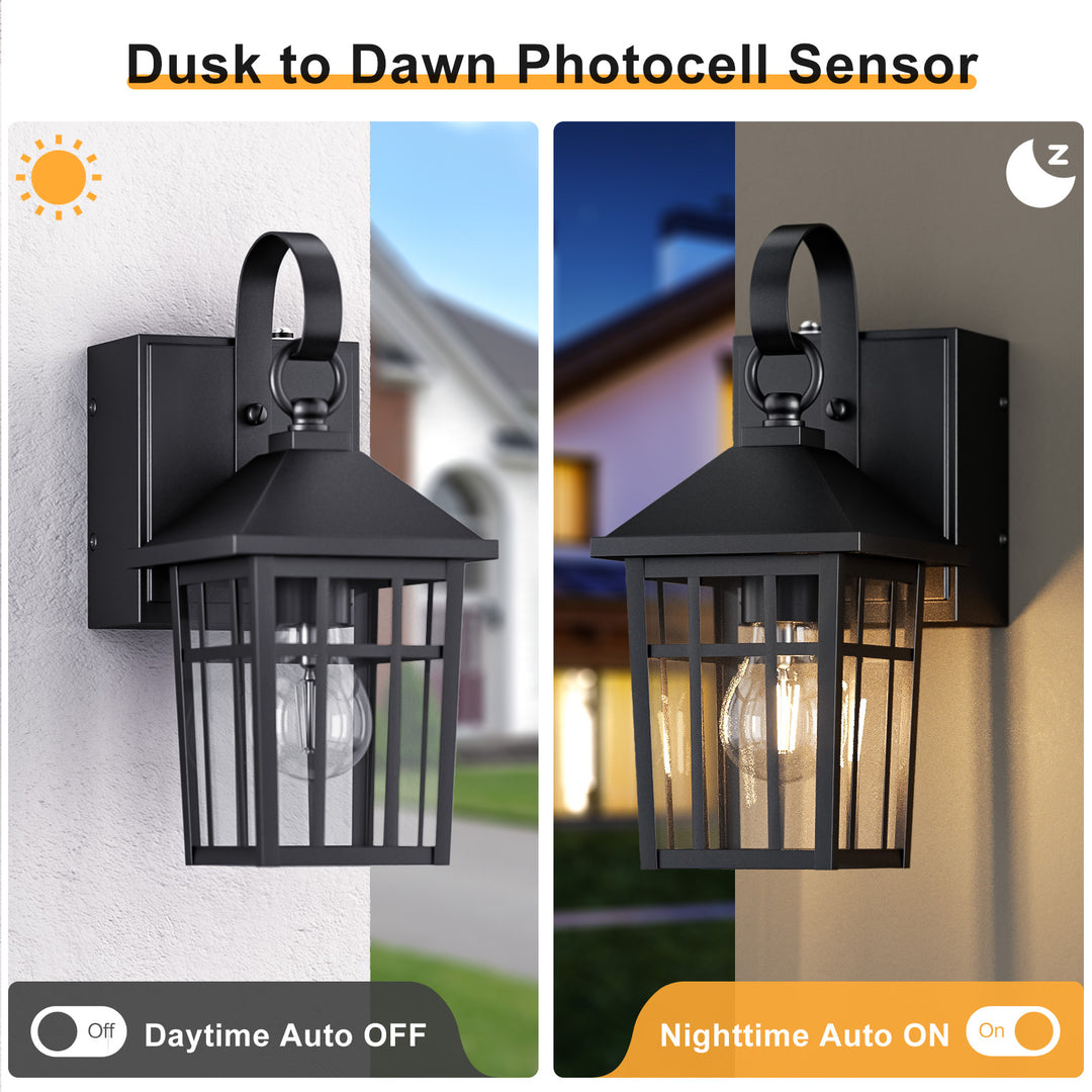 12.6''H Black Iron Clear Tempered Glass Outdoor Wall Light with Dusk to Dawn and Built-In GFCI Outlet (Set of 2) #OW7118