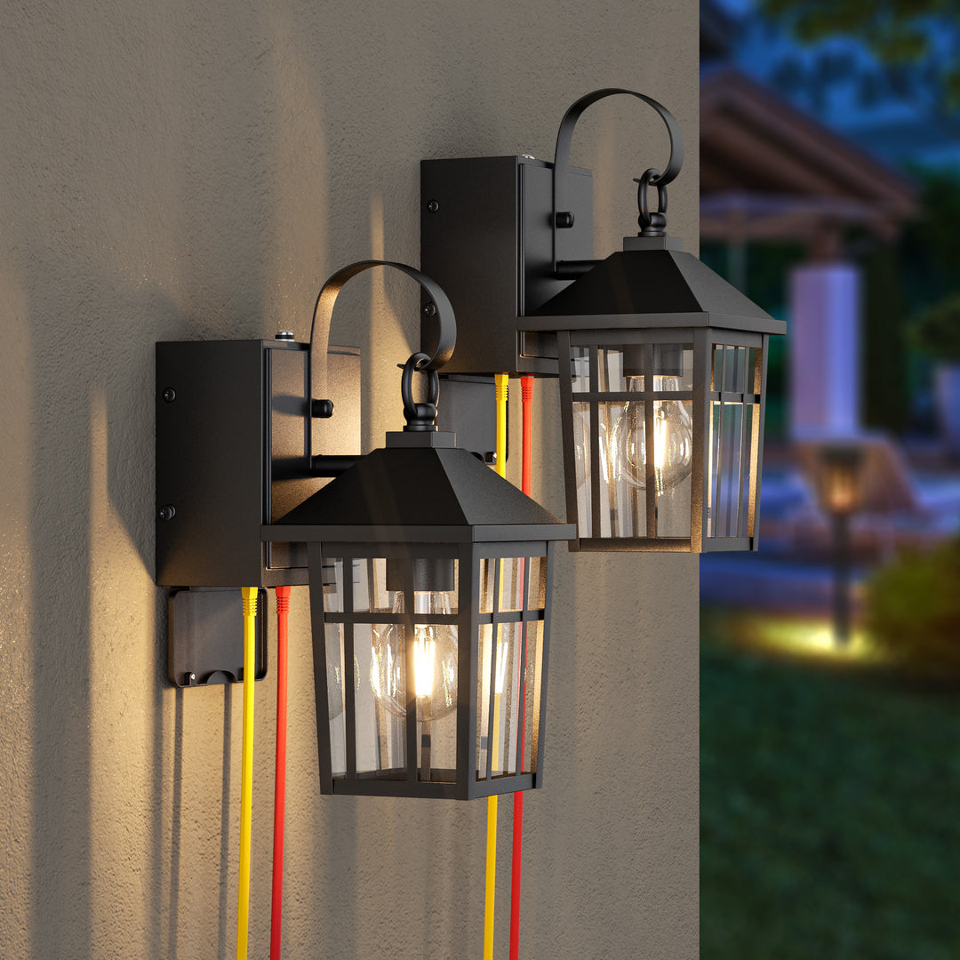 12.6''H Black Iron Clear Tempered Glass Outdoor Wall Light with Dusk to Dawn and Built-In GFCI Outlet (Set of 2) #OW7118