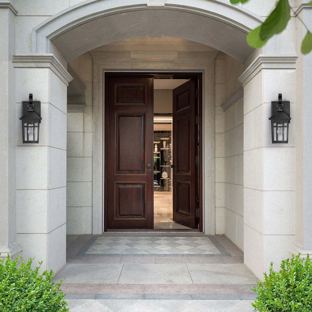 12.6''H Black Iron Clear Tempered Glass Outdoor Wall Light with Dusk to Dawn and Built-In GFCI Outlet (Set of 2) #OW7118