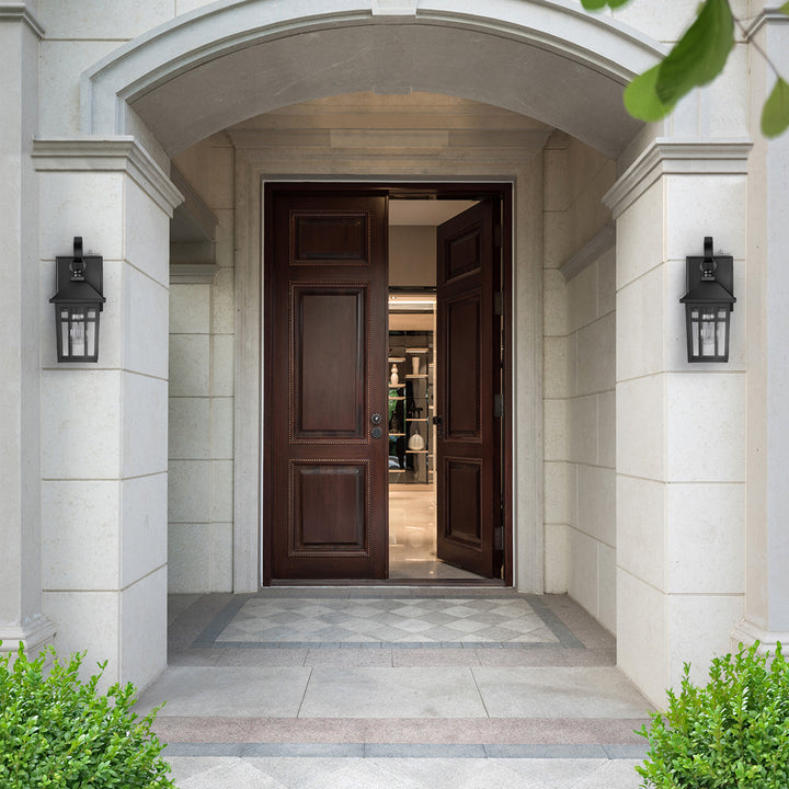 12.6''H Black Iron Clear Tempered Glass Outdoor Wall Light with Dusk to Dawn and Built-In GFCI Outlet (Set of 2) #OW7118