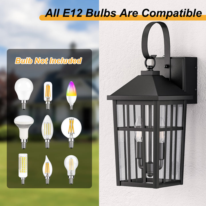 12.6''H Black Iron Clear Tempered Glass Outdoor Wall Light with Dusk to Dawn and Built-In GFCI Outlet (Set of 2) #OW7118