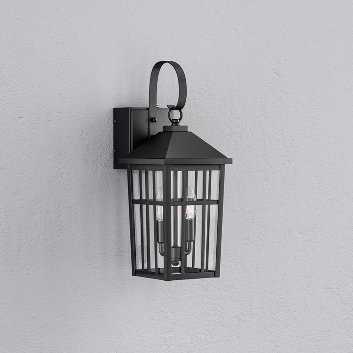 12.6''H Black Iron Clear Tempered Glass Outdoor Wall Light with Dusk to Dawn and Built-In GFCI Outlet (Set of 2) #OW7118