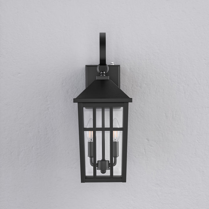12.6''H Black Iron Clear Tempered Glass Outdoor Wall Light with Dusk to Dawn and Built-In GFCI Outlet (Set of 2) #OW7118