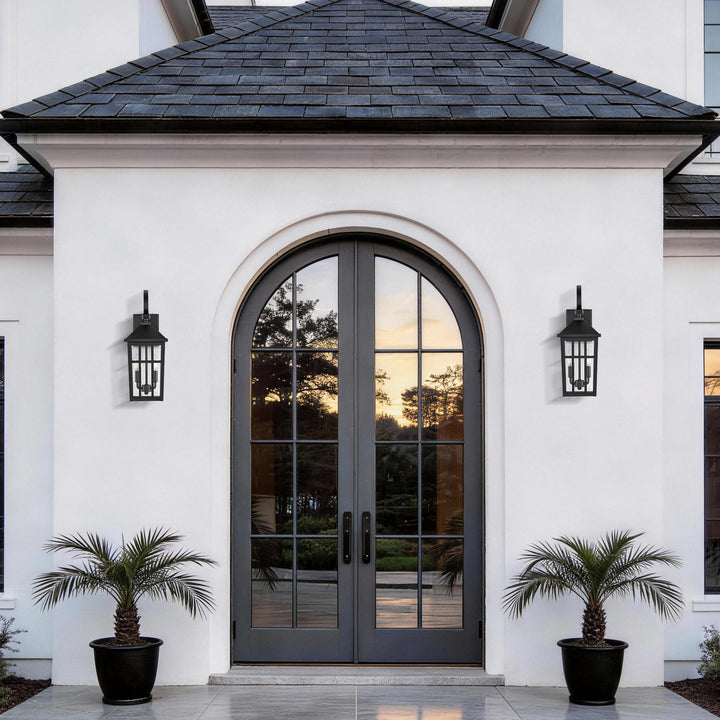 12.6''H Black Iron Clear Tempered Glass Outdoor Wall Light with Dusk to Dawn and Built-In GFCI Outlet (Set of 2) #OW7118