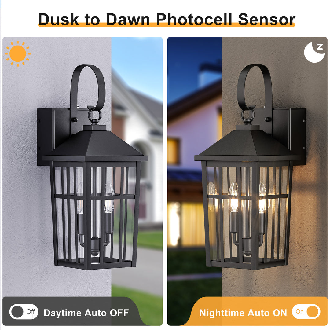 12.6''H Black Iron Clear Tempered Glass Outdoor Wall Light with Dusk to Dawn and Built-In GFCI Outlet (Set of 2) #OW7118