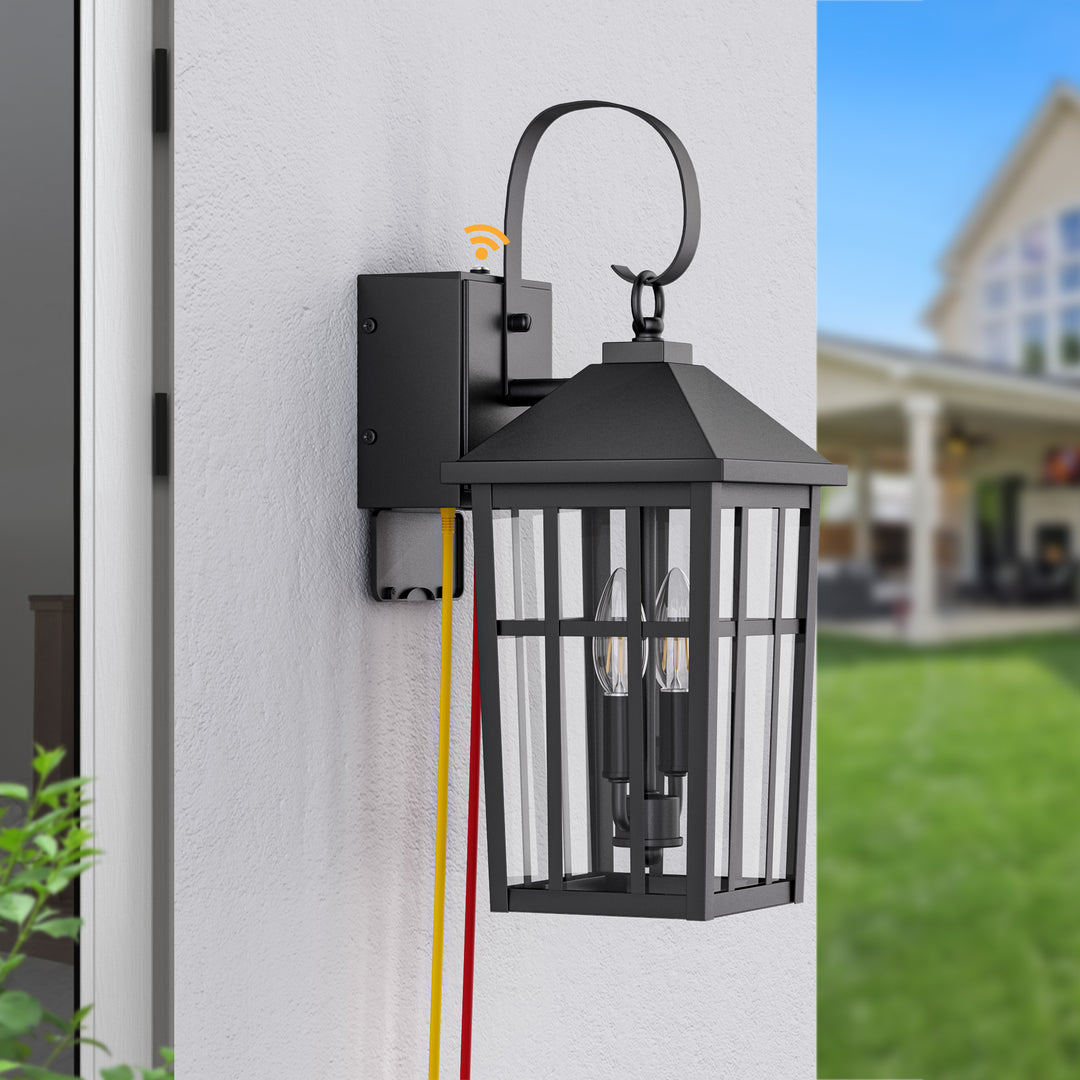 12.6''H Black Iron Clear Tempered Glass Outdoor Wall Light with Dusk to Dawn and Built-In GFCI Outlet (Set of 2) #OW7118