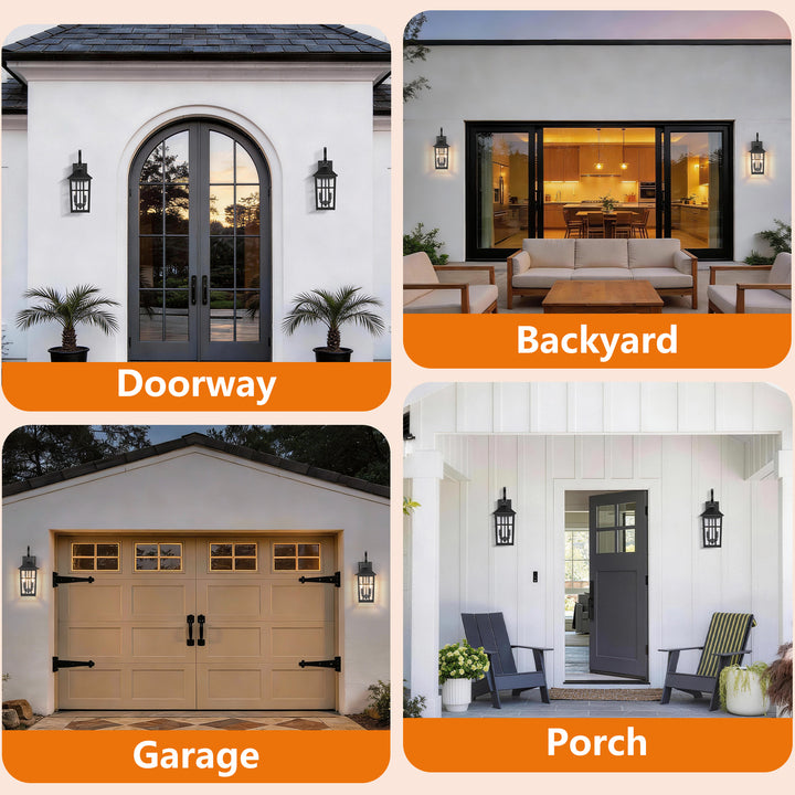 12.6''H Black Iron Clear Tempered Glass Outdoor Wall Light with Dusk to Dawn and Built-In GFCI Outlet (Set of 2) #OW7118