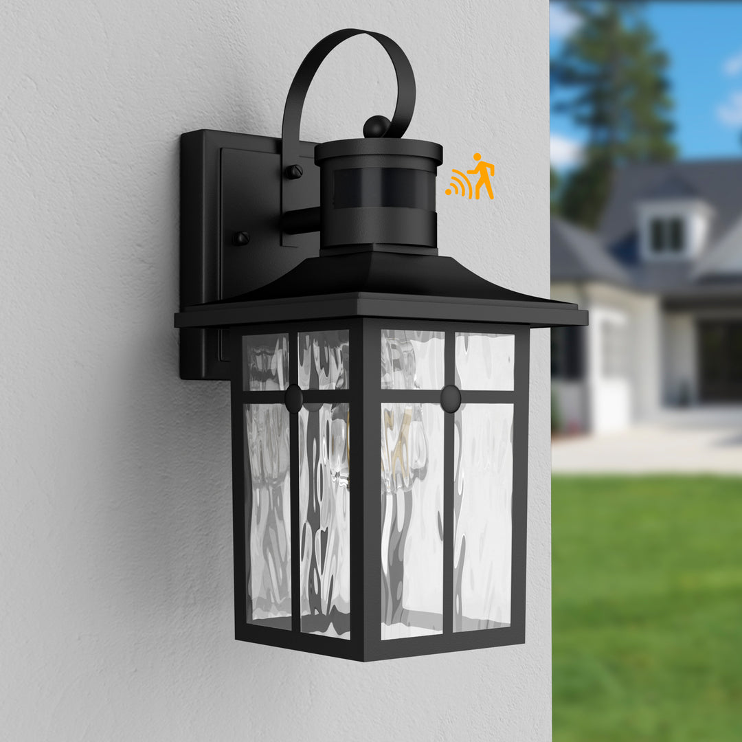 Solstice 13''H Aluminum Black ETL Water Ripple Glass Outdoor Wall Light with Dusk to Dawn and Motion Sensor (Set of 2) #OW7123