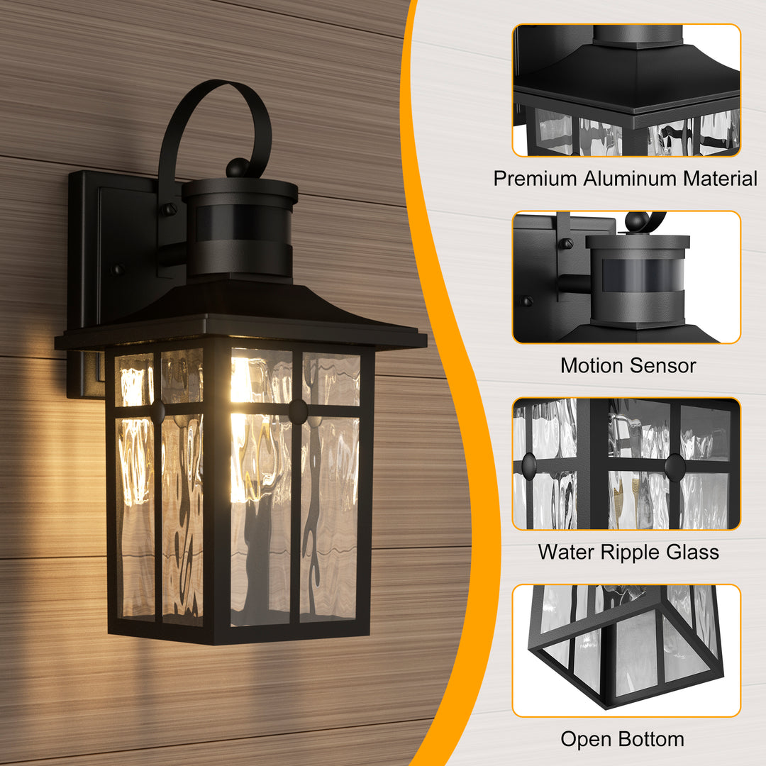 Solstice 13''H Aluminum Black ETL Water Ripple Glass Outdoor Wall Light with Dusk to Dawn and Motion Sensor (Set of 2) #OW7123