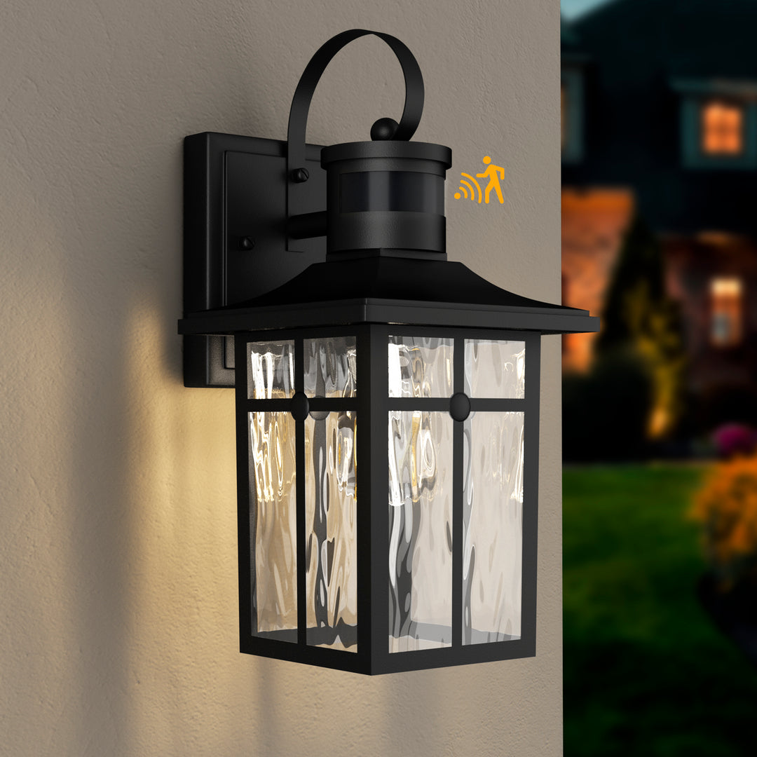 Solstice 13''H Aluminum Black ETL Water Ripple Glass Outdoor Wall Light with Dusk to Dawn and Motion Sensor (Set of 2) #OW7123