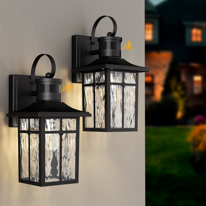 Solstice 13''H Aluminum Black ETL Water Ripple Glass Outdoor Wall Light with Dusk to Dawn and Motion Sensor (Set of 2) #OW7123