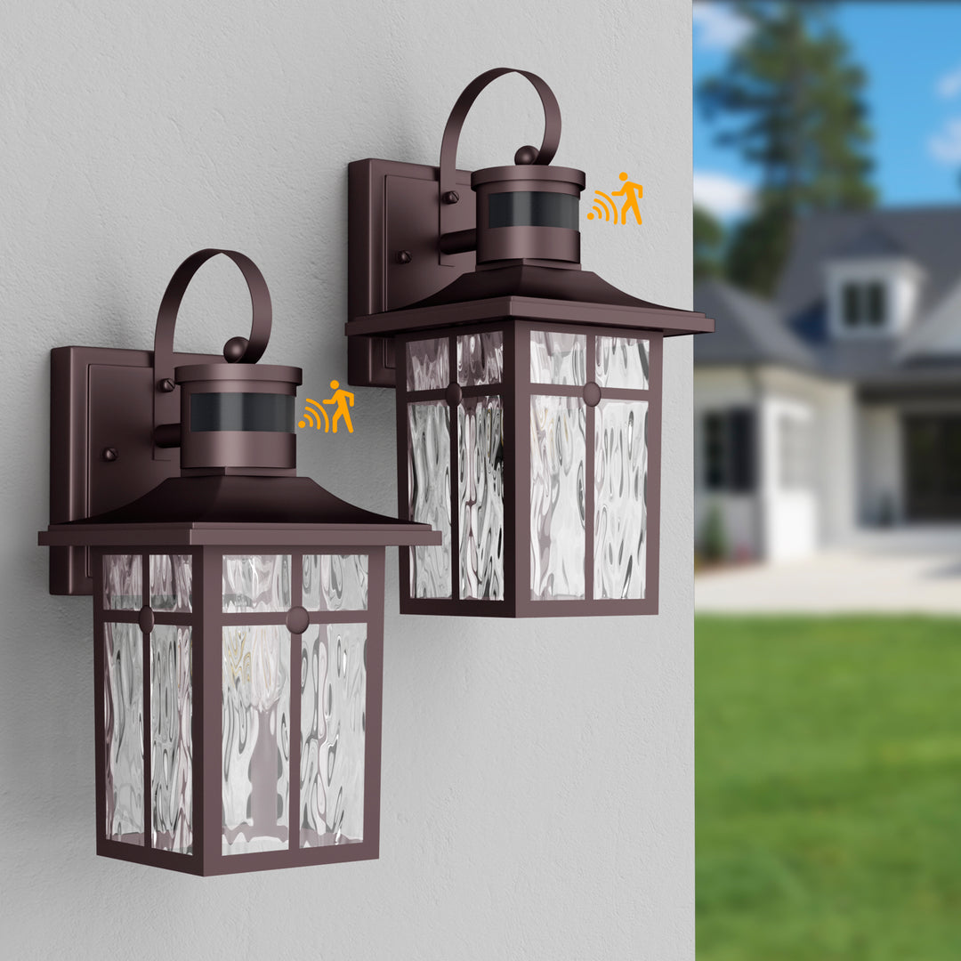 Solstice 13''H Aluminum Black ETL Water Ripple Glass Outdoor Wall Light with Dusk to Dawn and Motion Sensor (Set of 2) #OW7123