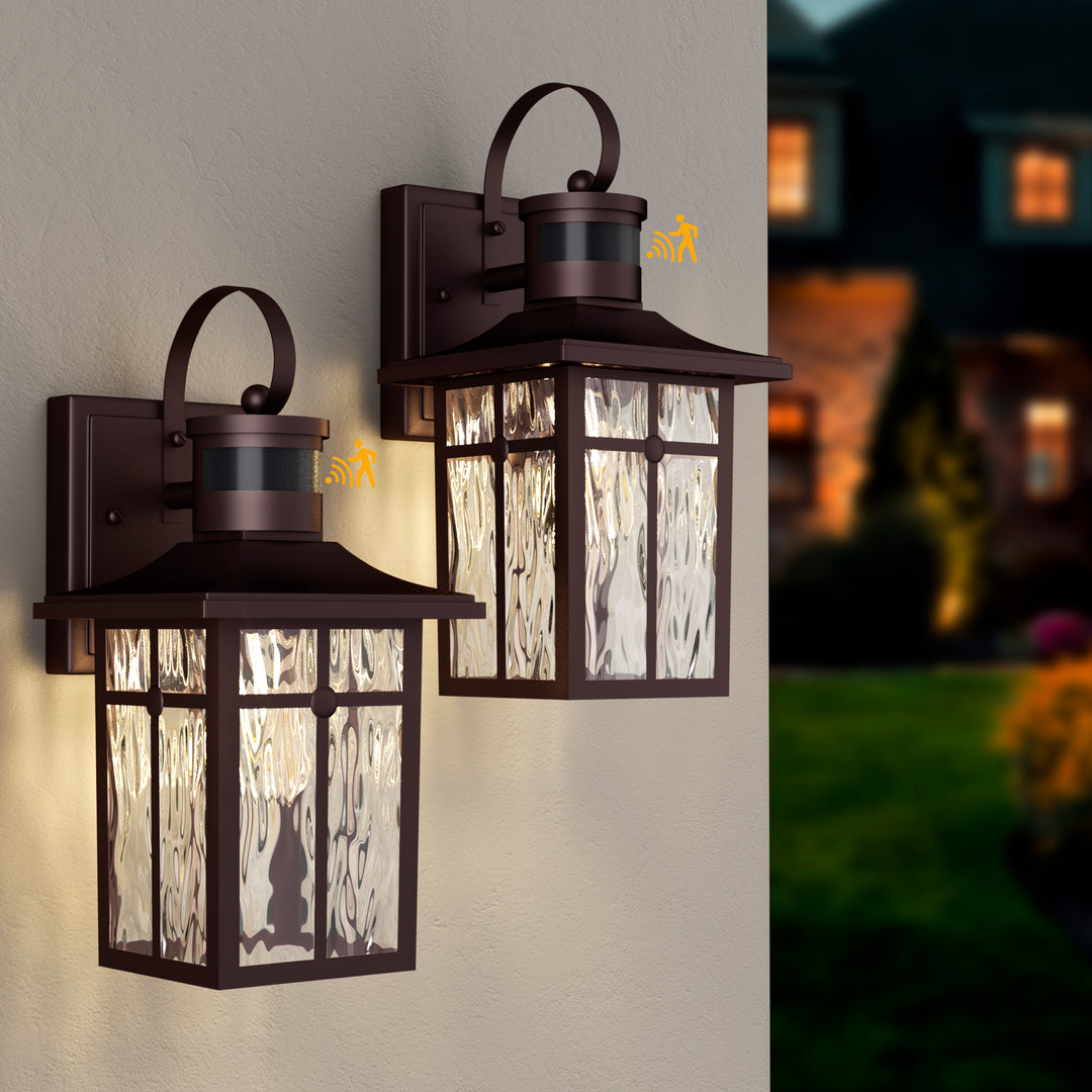 Solstice 13''H Aluminum Black ETL Water Ripple Glass Outdoor Wall Light with Dusk to Dawn and Motion Sensor (Set of 2) #OW7123