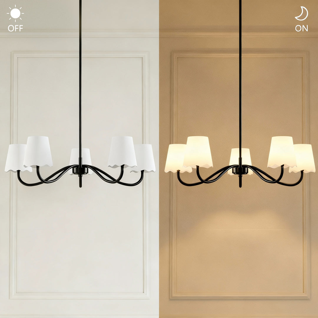 Twilight 5-light Brush Gold & White Burlap Modern Farmhouse Chandelier With Kd Shades For Dining Room #39001