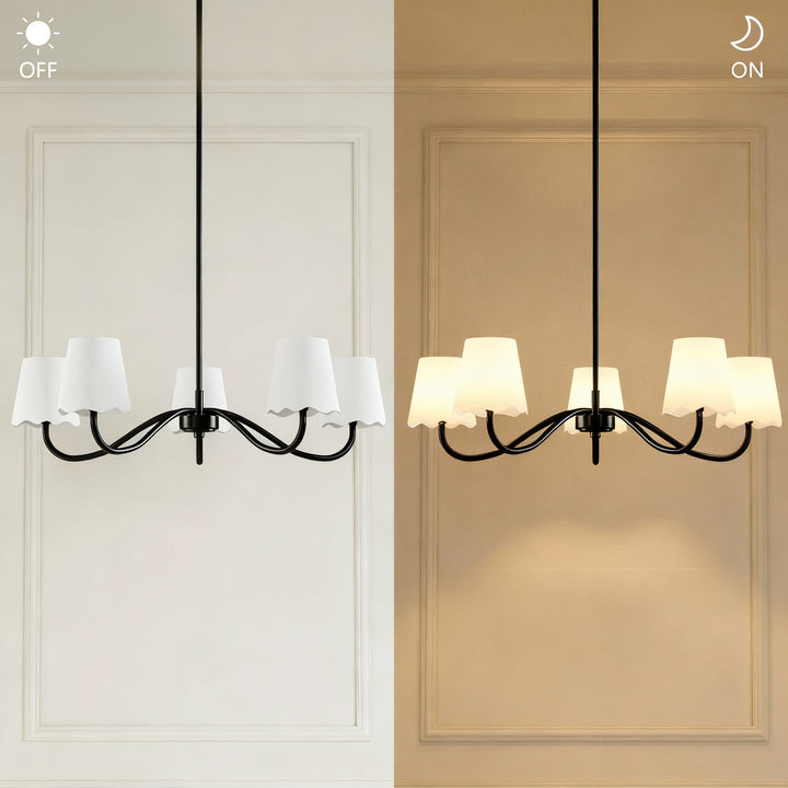 Twilight 5-light Brush Gold & White Burlap Modern Farmhouse Chandelier With Kd Shades For Dining Room #39001