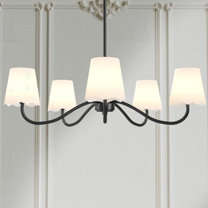Twilight 5-light Brush Gold & White Burlap Modern Farmhouse Chandelier With Kd Shades For Dining Room #39001