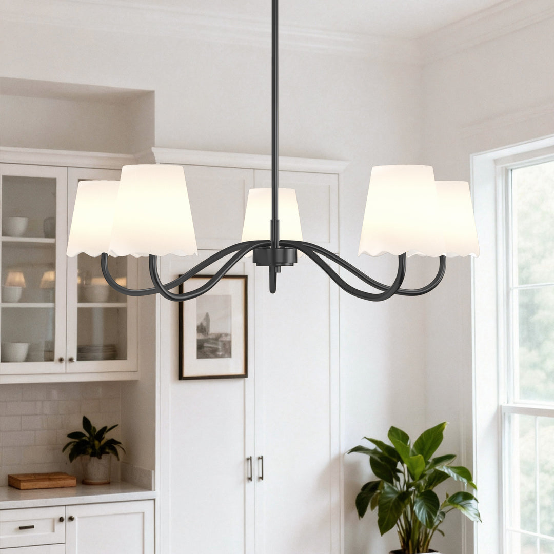 Twilight 5-light Brush Gold & White Burlap Modern Farmhouse Chandelier With Kd Shades For Dining Room #39001