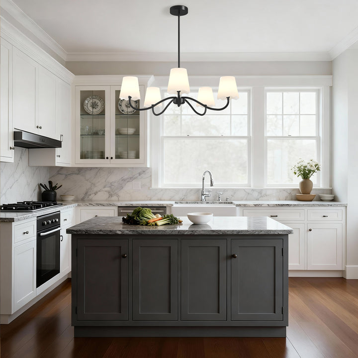 Twilight 5-light Brush Gold & White Burlap Modern Farmhouse Chandelier With Kd Shades For Dining Room #39001