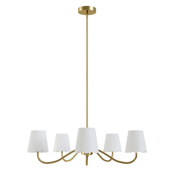 Twilight 5-light Brush Gold & White Burlap Modern Farmhouse Chandelier With Kd Shades For Dining Room #39001
