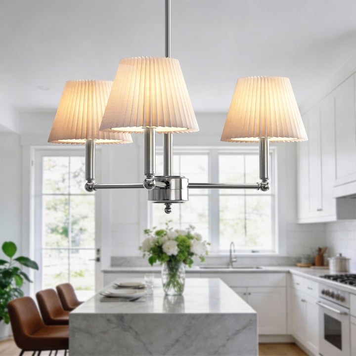 Glow 3-Light White Linen Fabric Shade Mid-Century Modern Chandelier For Dining Room #39007