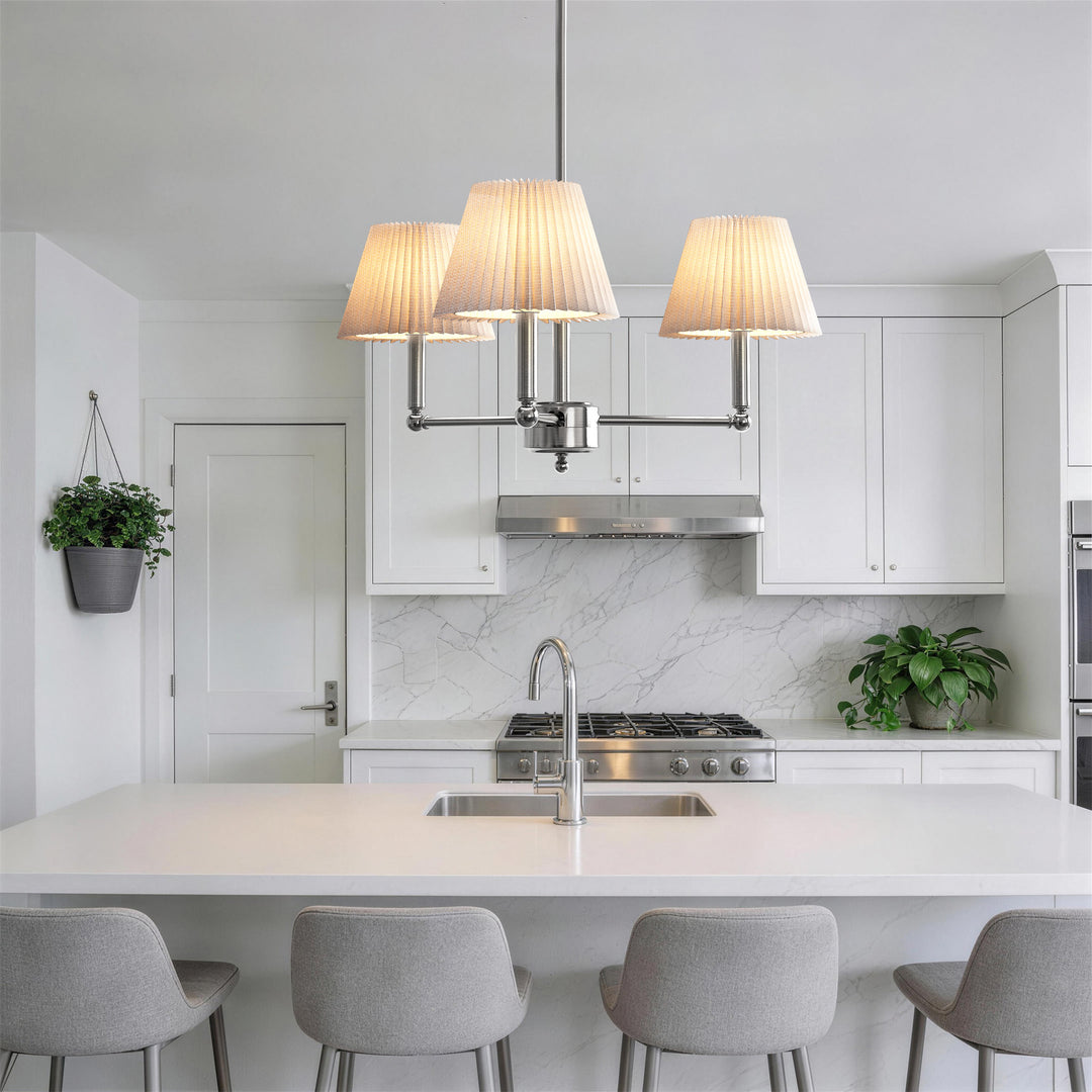 Glow 3-Light White Linen Fabric Shade Mid-Century Modern Chandelier For Dining Room #39007