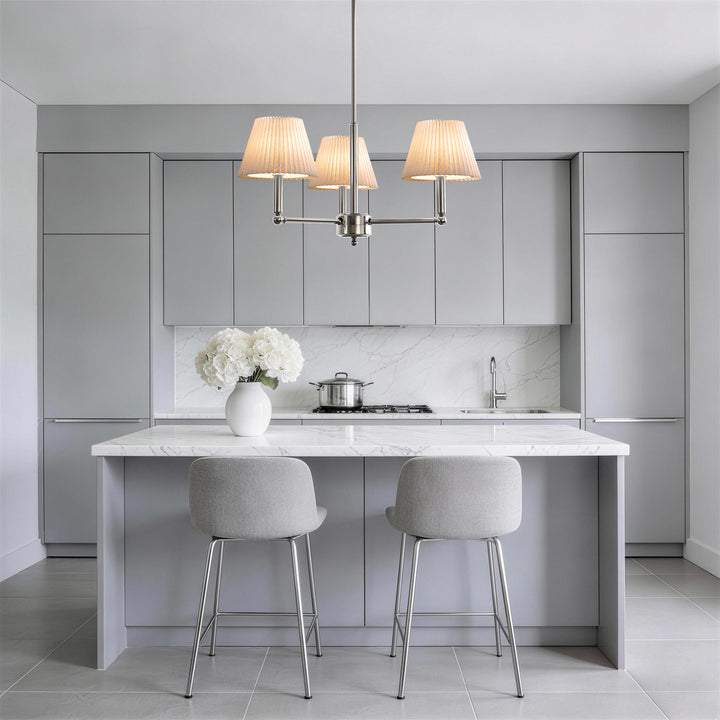 Glow 3-Light White Linen Fabric Shade Mid-Century Modern Chandelier For Dining Room #39007