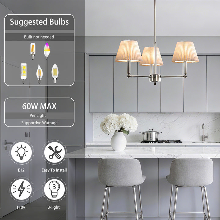 Glow 3-Light White Linen Fabric Shade Mid-Century Modern Chandelier For Dining Room #39007