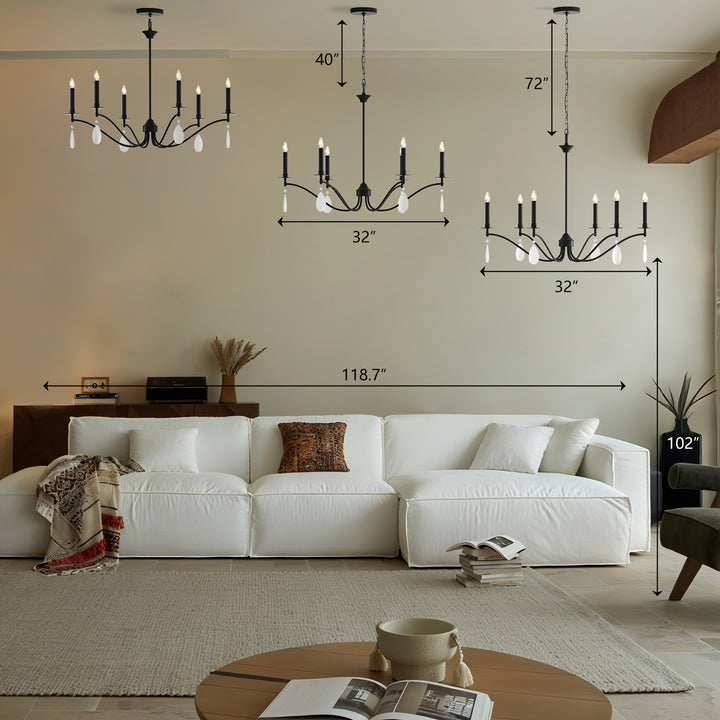 Essence 6-Light Matte Black Wrought Iron Modern Farmhouse Chandelier With Crystal Accents For Dining Room And Living Room #P39010