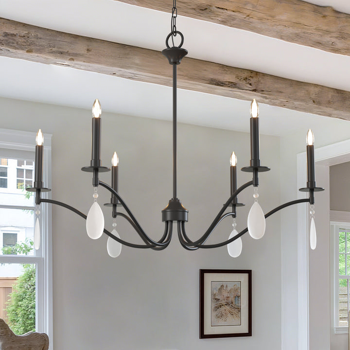 Essence 6-Light Matte Black Wrought Iron Modern Farmhouse Chandelier With Crystal Accents For Dining Room And Living Room #P39010