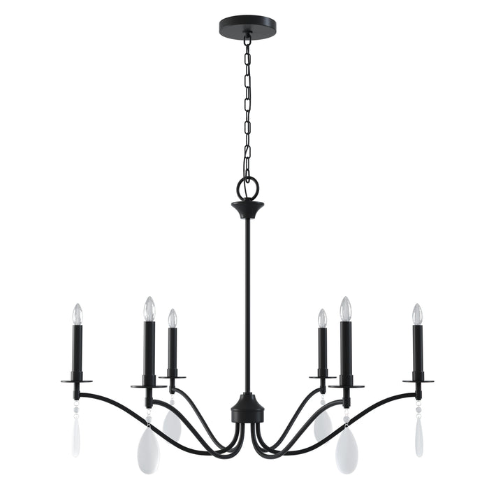 Essence 6-Light Matte Black Wrought Iron Modern Farmhouse Chandelier With Crystal Accents For Dining Room And Living Room #P39010