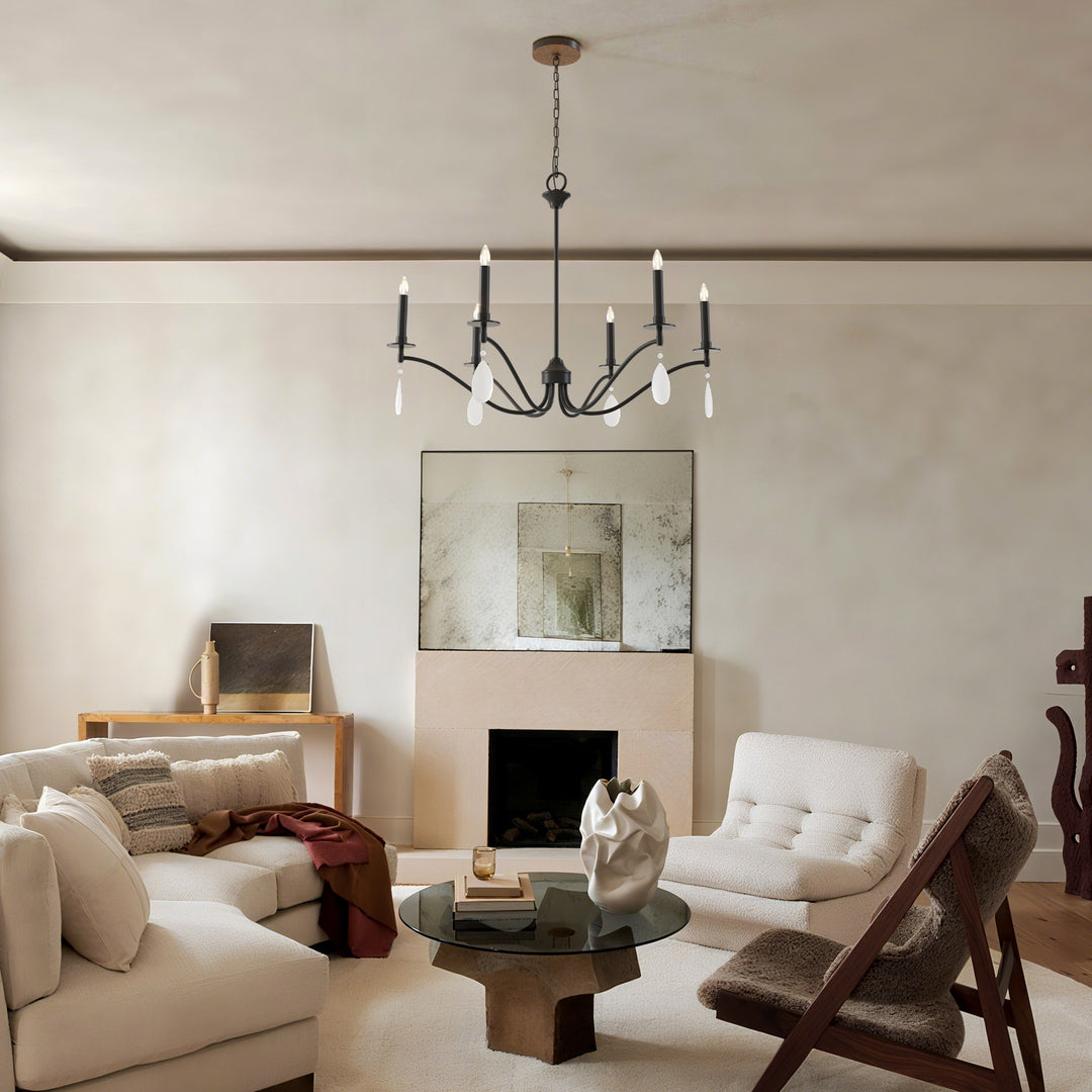 Essence 6-Light Matte Black Wrought Iron Modern Farmhouse Chandelier With Crystal Accents For Dining Room And Living Room #P39010