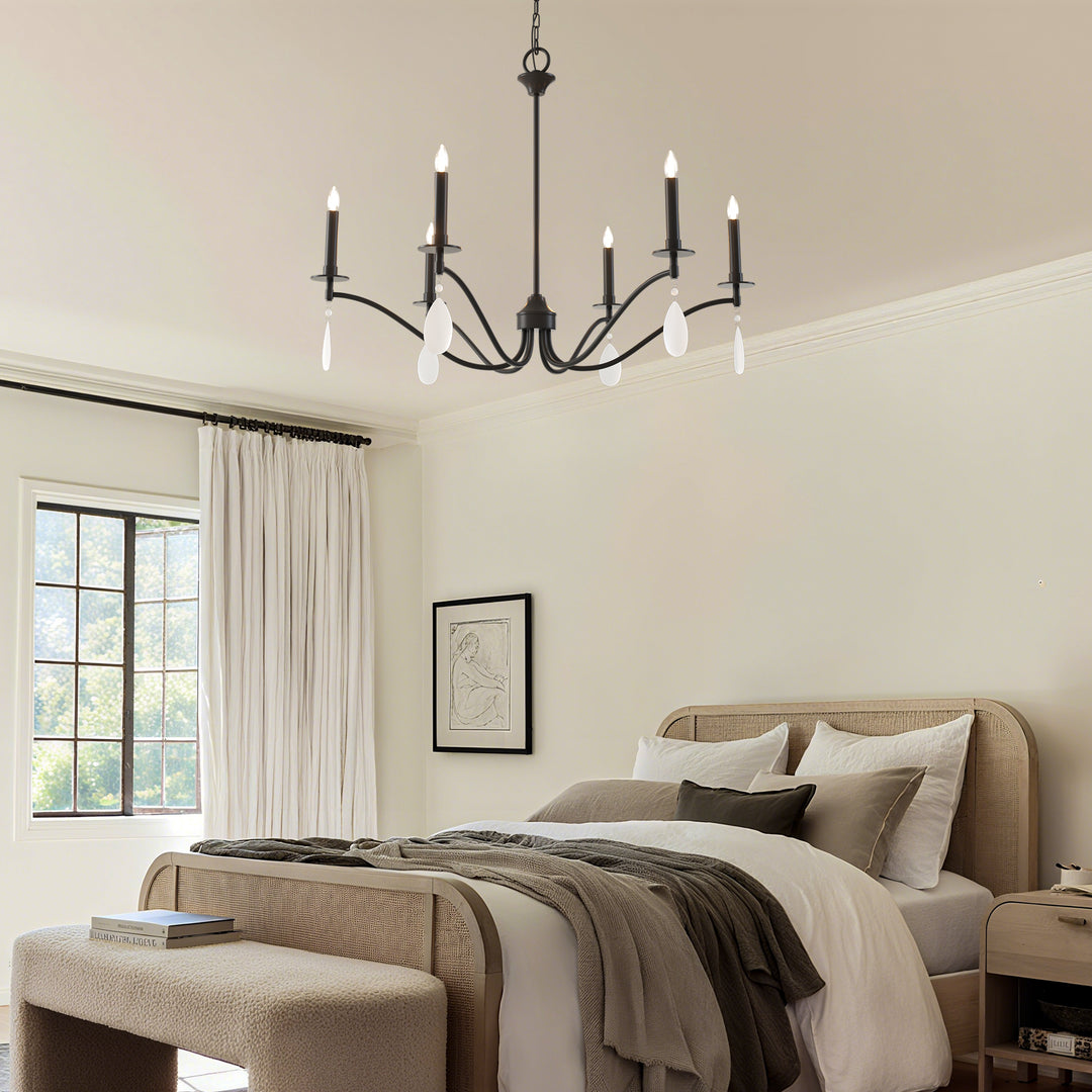 Essence 6-Light Matte Black Wrought Iron Modern Farmhouse Chandelier With Crystal Accents For Dining Room And Living Room #P39010