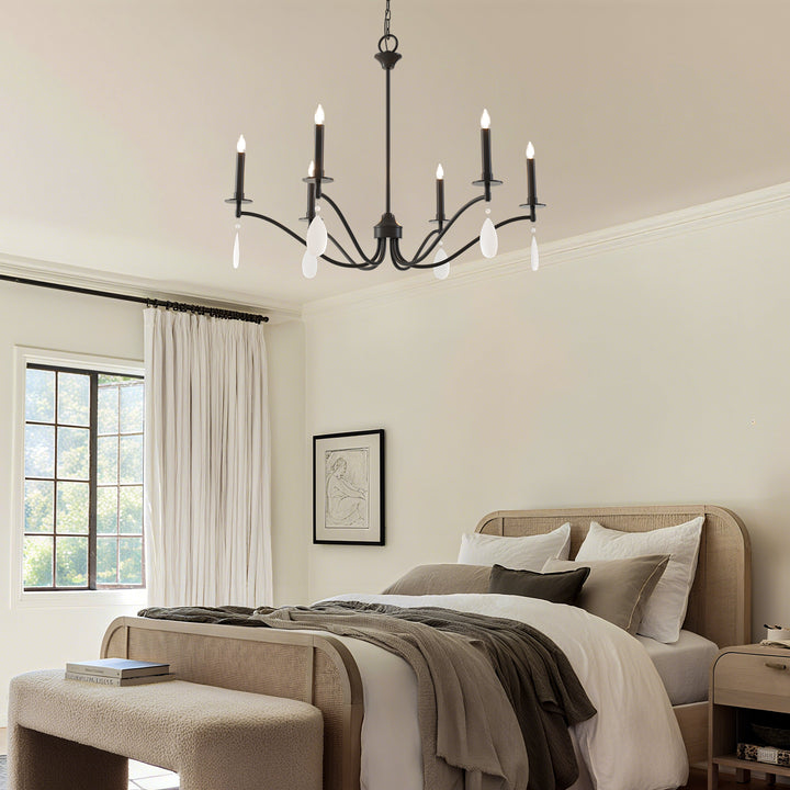 Essence 6-Light Matte Black Wrought Iron Modern Farmhouse Chandelier With Crystal Accents For Dining Room And Living Room #P39010