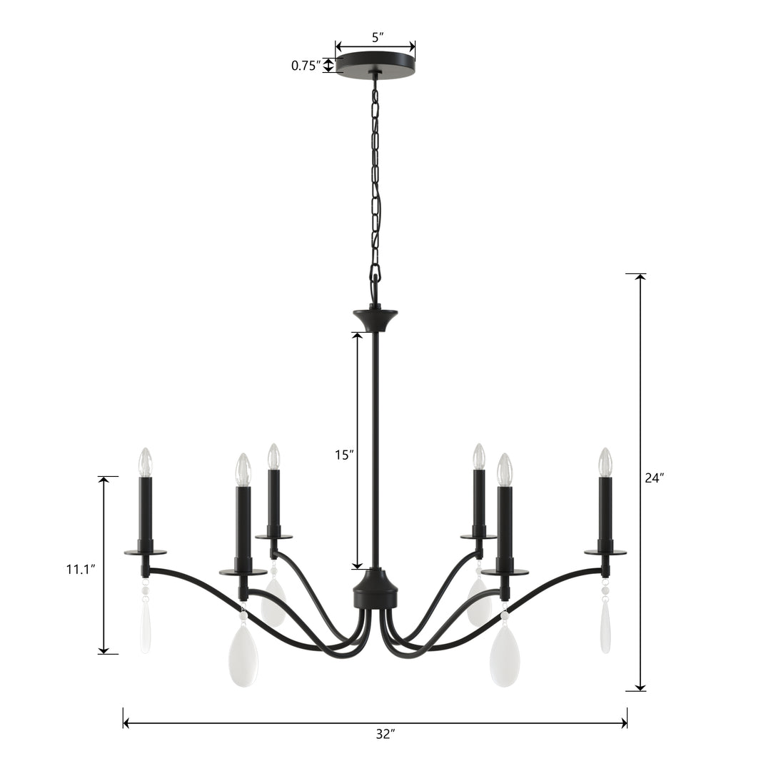 Essence 6-Light Matte Black Wrought Iron Modern Farmhouse Chandelier With Crystal Accents For Dining Room And Living Room #P39010