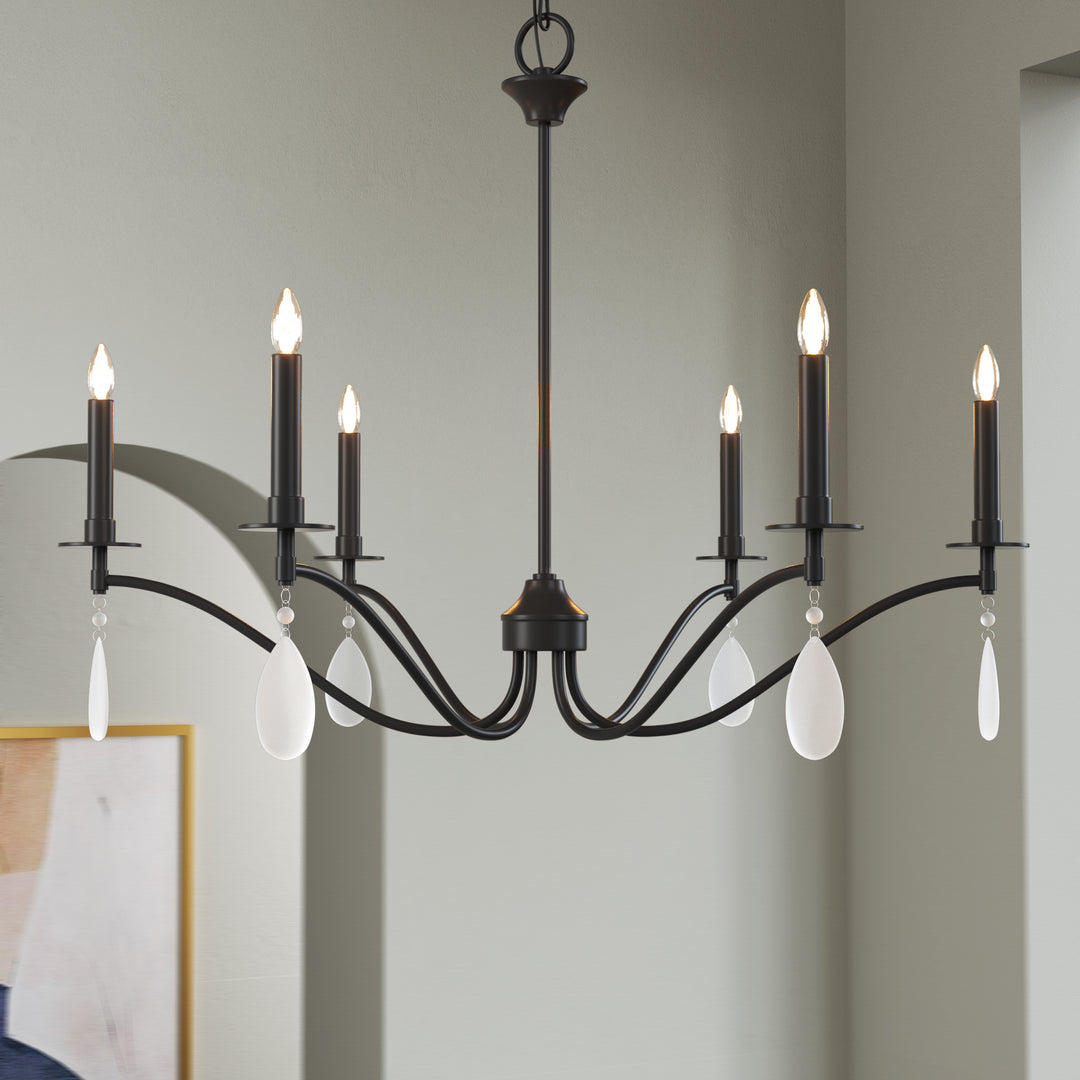 Essence 6-Light Matte Black Wrought Iron Modern Farmhouse Chandelier With Crystal Accents For Dining Room And Living Room #P39010