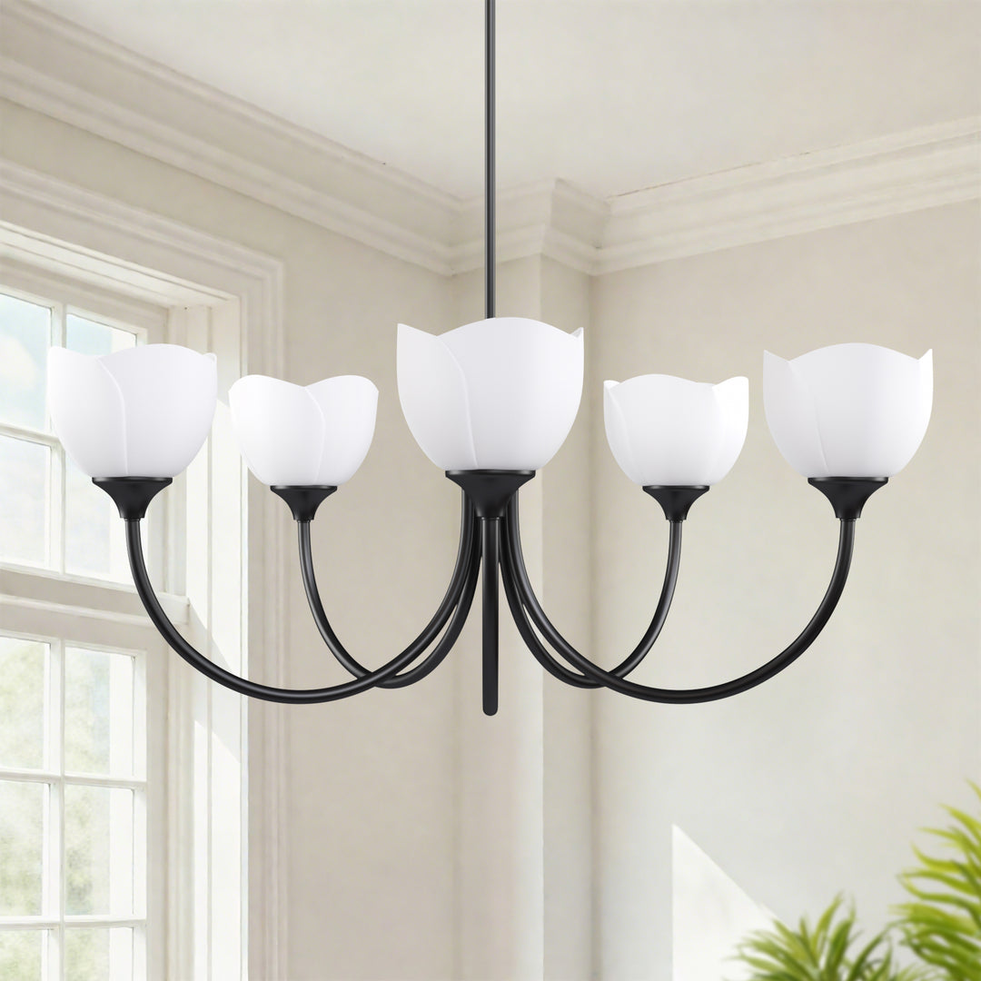 Twilight 5 - Light 33" Frosted Glass Modern/Traditional Chandelier With Flower Shade For Dining Room #P39012