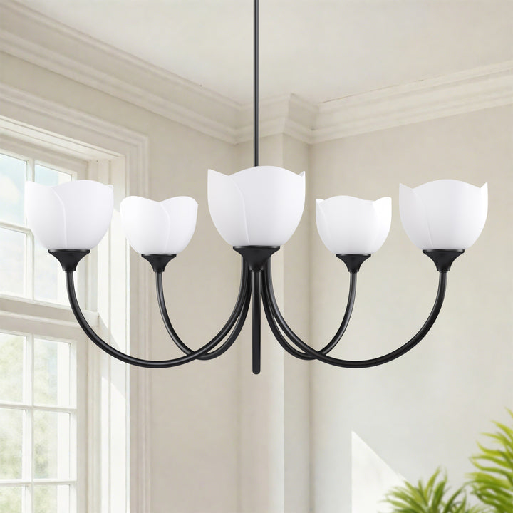 Twilight 5 - Light 33" Frosted Glass Modern/Traditional Chandelier With Flower Shade For Dining Room #P39012